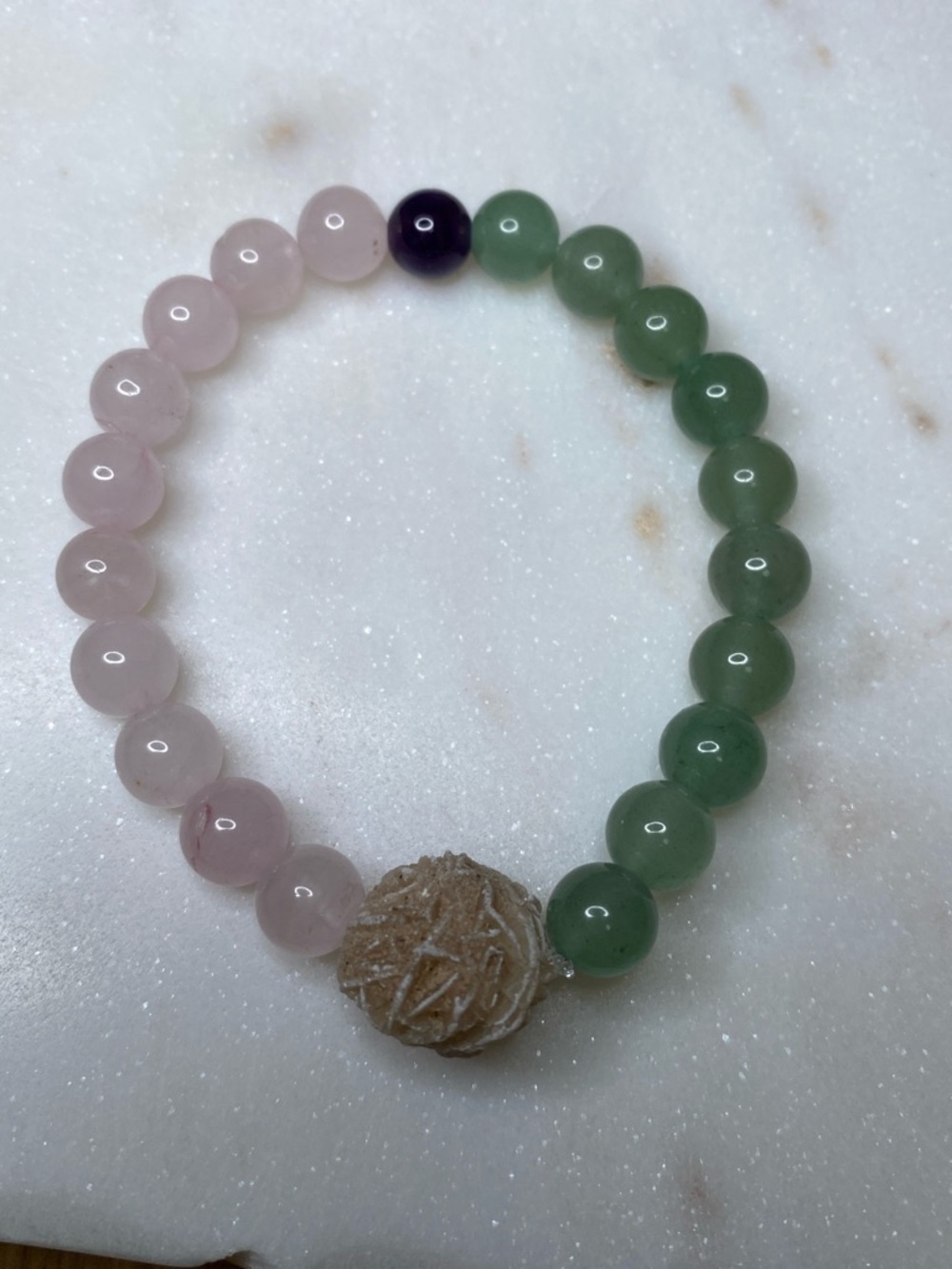 Rose Quartz & Green Aventurine Bracelet • Desert Rose Selenite Focal Stone
